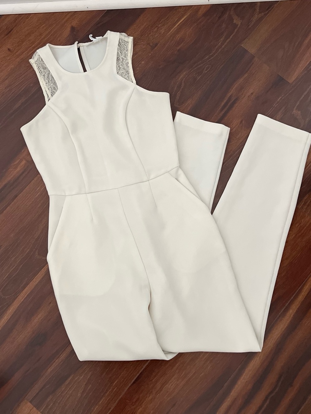 BCBGeneration Cream Lace-Shoulder Jumpsuit